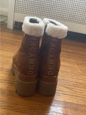 DKNY Brown Suede Platform Ankle Boots with White Shearling Cuff